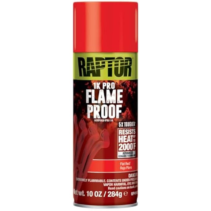 Raptor FLAMEPROOF AUTOMOTIVE BODY PAINT, PROFESSIONAL GRADE, EXTRA TOUGH PROTECTIVE SPRAY PAINT FOR HIGH HEAT, FLAT RED, 10 OZ - Image 1